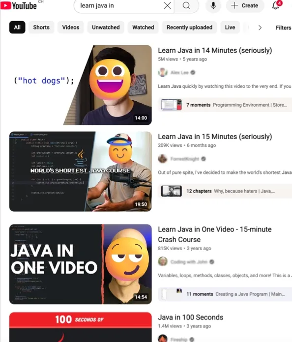 Learn Java in 15 minutes ... and call us to repair the damages for 12 months :)